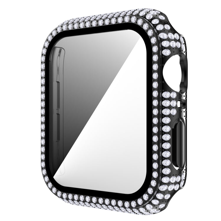 Diamond rhinestone tempered glass Apple Watch case with black frame and silver crystal rim