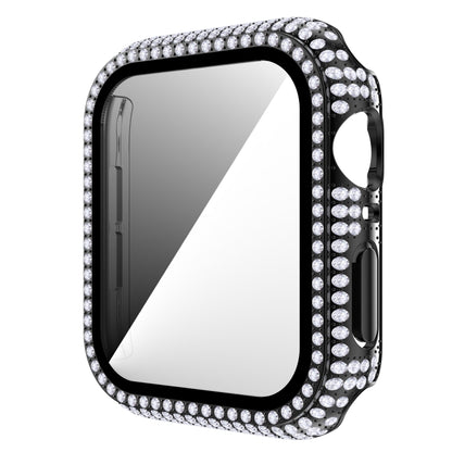 Diamond rhinestone tempered glass Apple Watch case with black frame and silver crystal rim