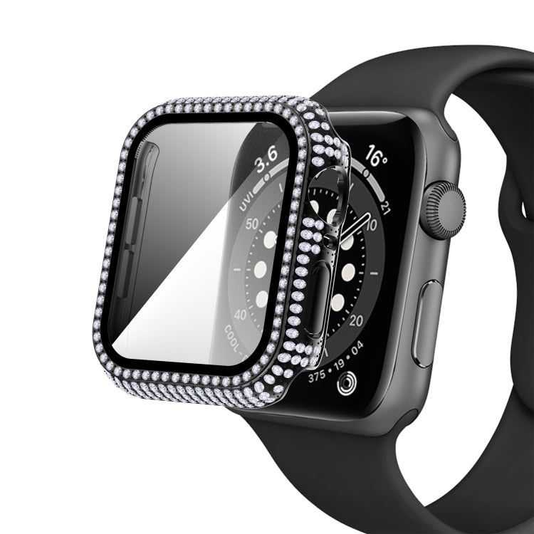 Diamond rhinestone tempered glass Apple Watch case on black watch with crystal bezel