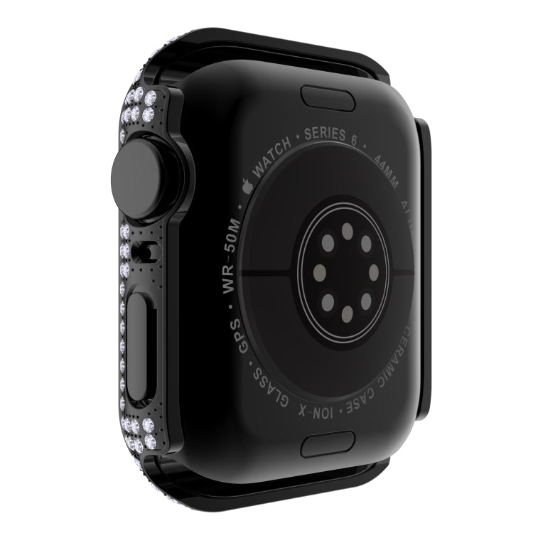 Diamond rhinestone tempered glass Apple Watch case back view with black frame and crystals