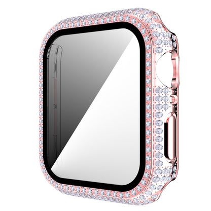 Rose gold rhinestone tempered glass watch case with clear screen shield.