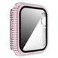 Pink rhinestone tempered glass watch case with side button and port openings.