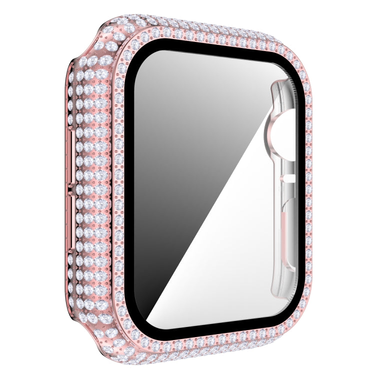 Pink rhinestone tempered glass watch case with side button and port openings.