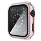 Pink rhinestone tempered glass watch case with cutouts and black bezel.