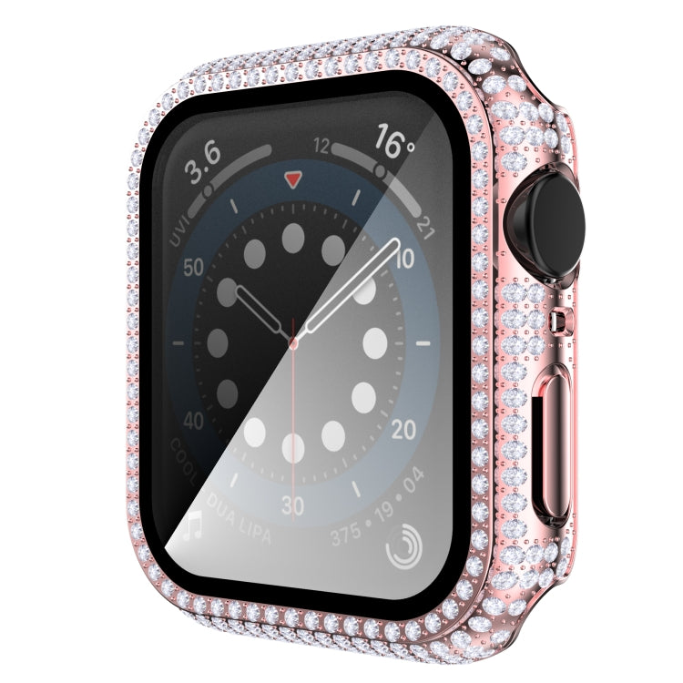 Pink rhinestone tempered glass watch case with cutouts and black bezel.
