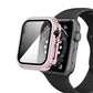 Pink rhinestone tempered glass watch case showing crown cutout and side buttons.