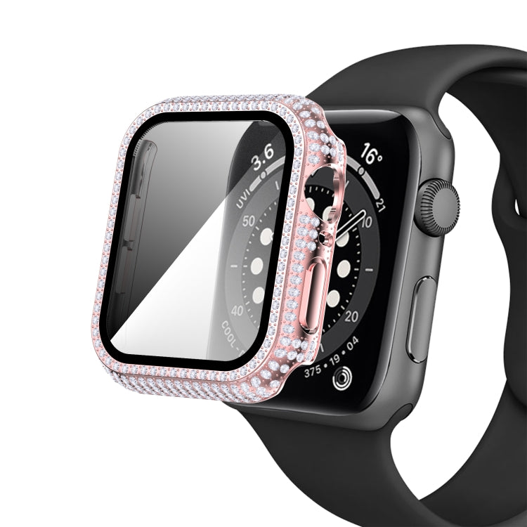 Pink rhinestone tempered glass watch case showing crown cutout and side buttons.