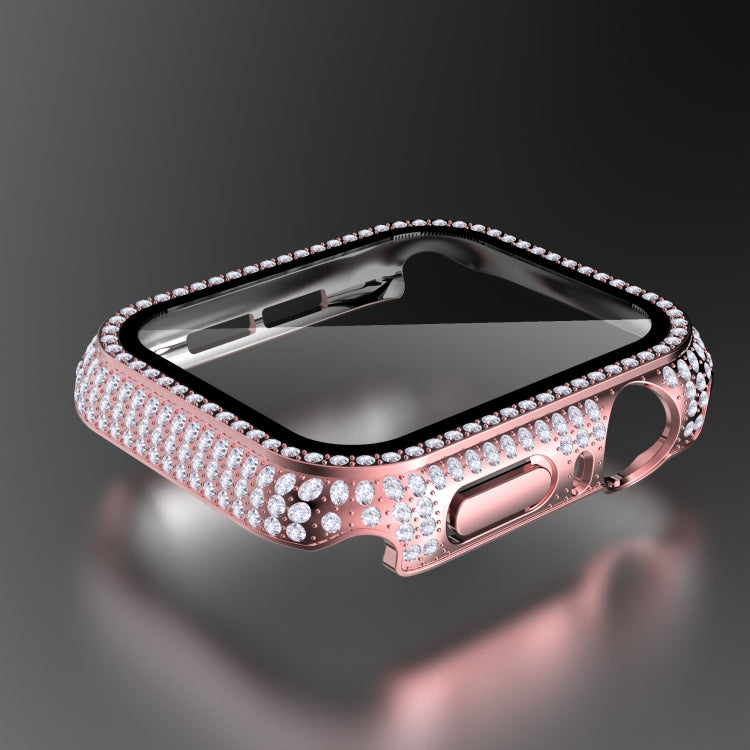 Pink rhinestone tempered glass watch case with interior frame and screen protector.