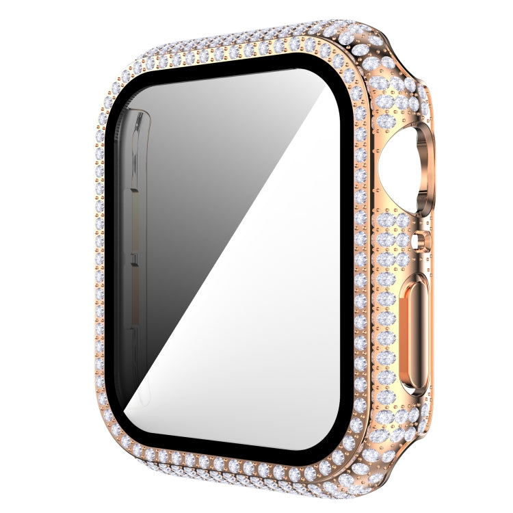 Pink rose-gold rhinestone tempered glass watch case with side buttons and ports.