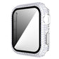 Clear silver rhinestone tempered glass watch case with side openings and dark bezel.