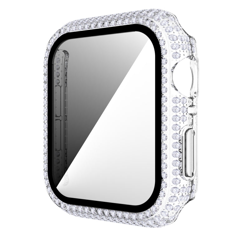 Clear silver rhinestone tempered glass watch case with side openings and dark bezel.