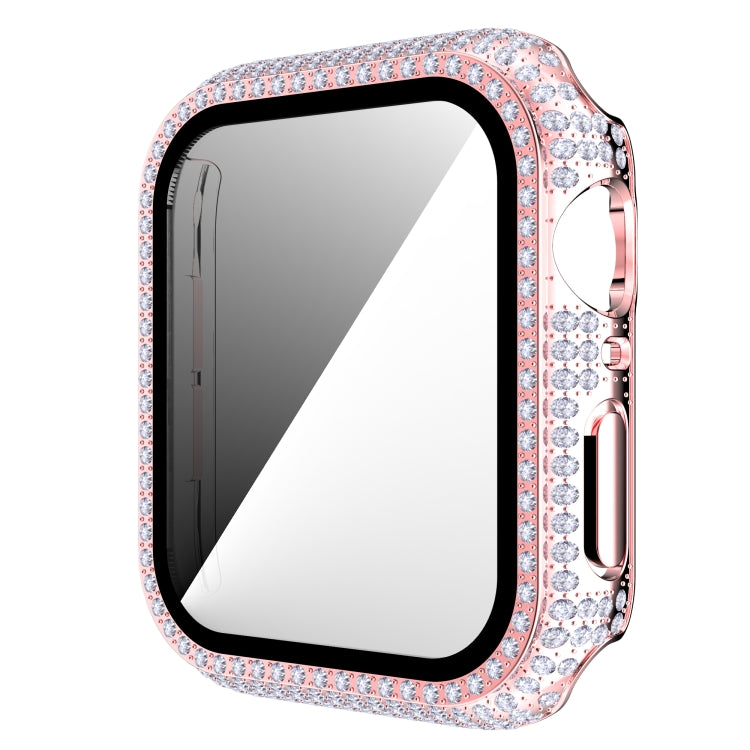 Rose gold rhinestone tempered glass watch case with side button cutouts.