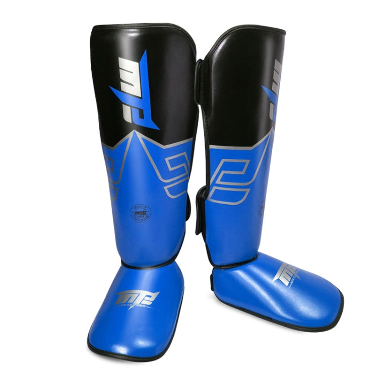 Blue Thai boxing leg guards with black calf panels and ankle strap protectors
