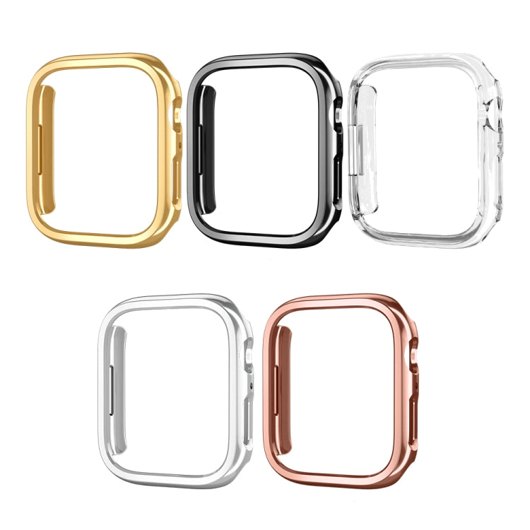 Five Apple Watch protective cases: gold, black, clear, silver, rose gold