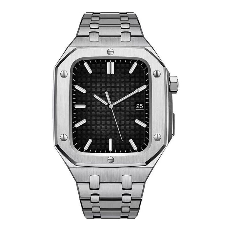 Metal watch case and band with black dial, silver octagonal frame, link bracelet