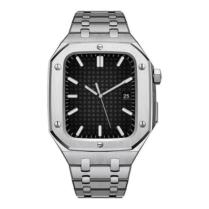 Metal watch case and band with black dial, silver octagonal frame, link bracelet