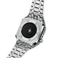 Metal watch case side view with round sensor lens and silver link strap