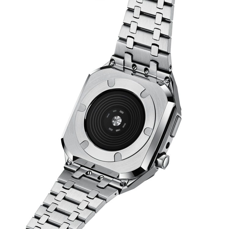 Metal watch case side view with round sensor lens and silver link strap