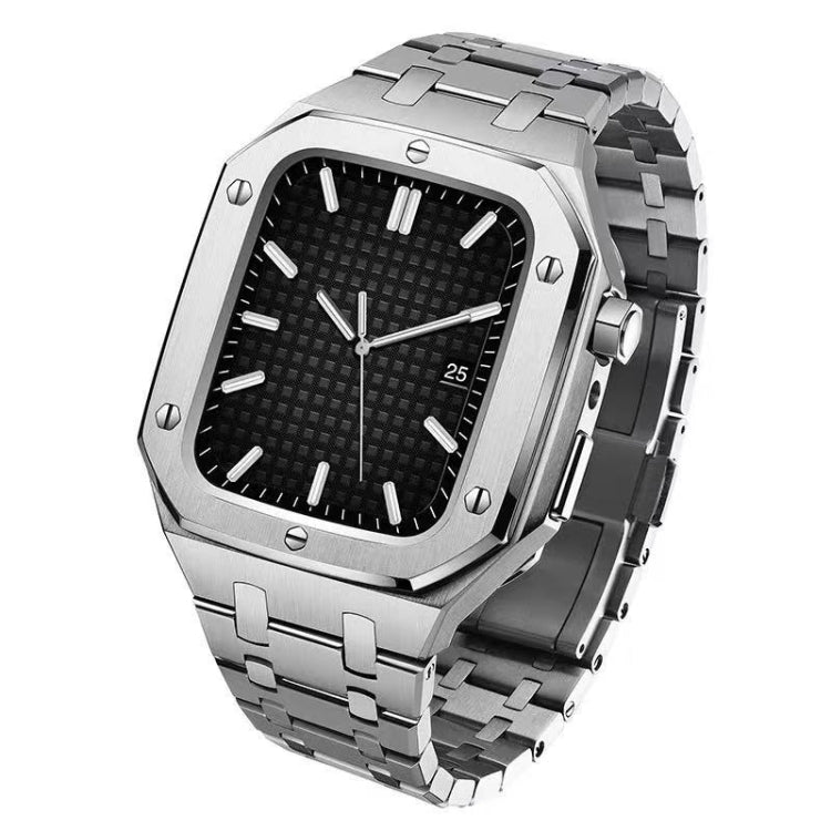 Integrated metal watch case with link band, side profile, black textured dial, 44mm
