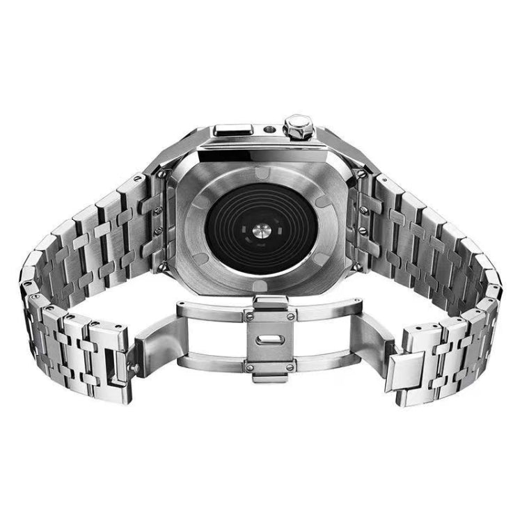 Integrated metal watch case with link band, black dial window, Apple Watch 44mm