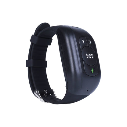 Black anti-lost GPS smartwatch with black band; side screen shows SOS and mic icons