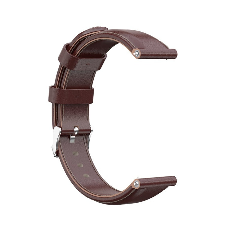 Dark brown oil-wax leather smartwatch strap with metal buckle and adjustment holes