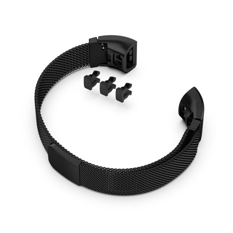 Black milanese watch strap with clasp and spare attachment pieces for Huawei Band 3 & 4 Pro.