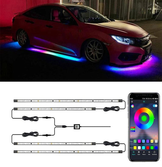 Car with multicolor LED chassis underglow lighting near front bumper and side edges