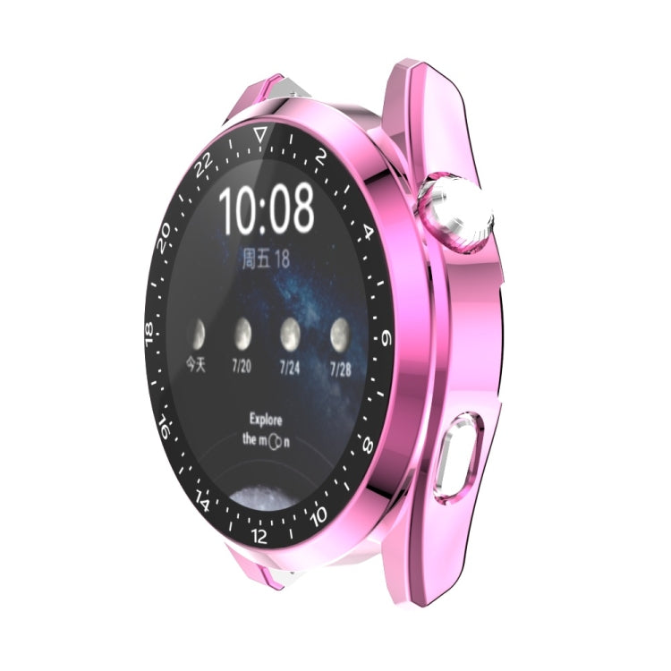 Pink electroplated watch case with black bezel, visible screen, and side button cutouts