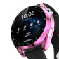 Pink electroplated watch case with black bezel and visible watch screen behind glass