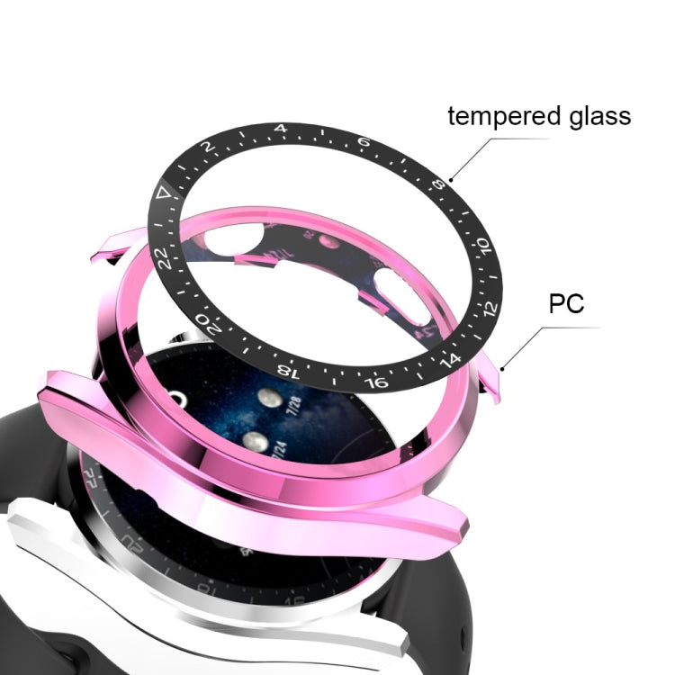 Pink watch case with tempered glass and PC layers, showing cutouts and bezel ring