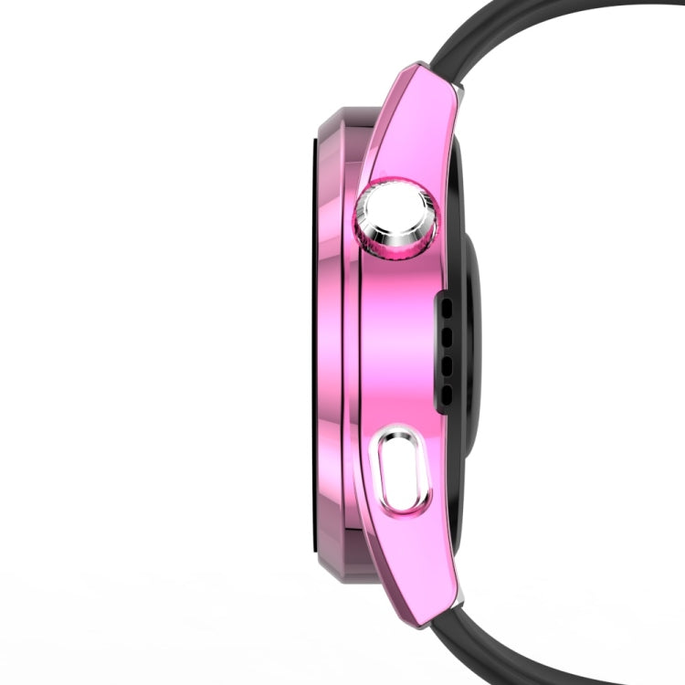 Pink electroplated watch case with black bezel ring, circular crown, and strap cutout