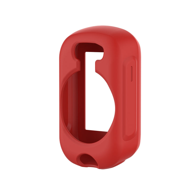 Red silicone case for a bike computer, with open front and side button cutout