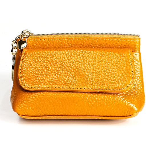 Yellow litchi-texture cowhide small wallet with flap and zipper