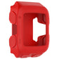 Red silicone protective case with screen cutout and textured side grips.