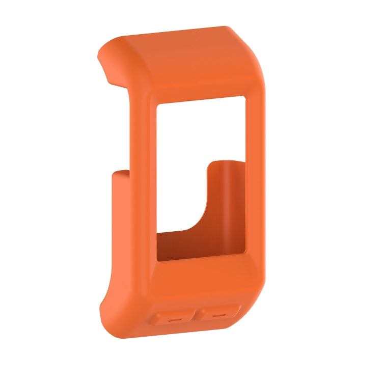 Orange silicone case for smartwatch with open screen window and button cutouts.