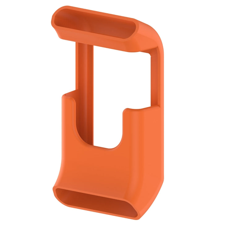 Orange silicone smartwatch case with open display window and side button cutouts.