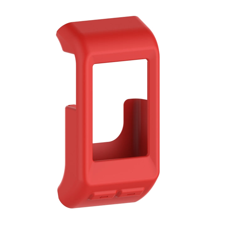 Red silicone smartwatch case with open display window and bottom button cutouts.