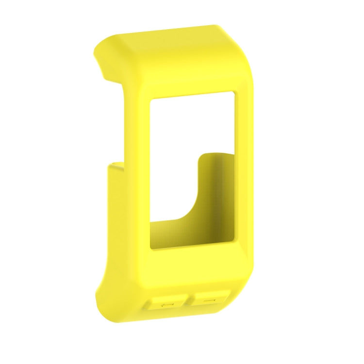 Yellow silicone smartwatch case with open display window and bottom button cutouts.