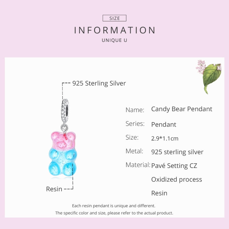 Product information card for candy bear pendant with resin and 925 sterling silver