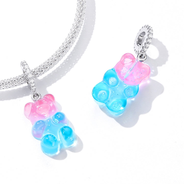 Silver chain necklace with pink and blue resin bear pendant