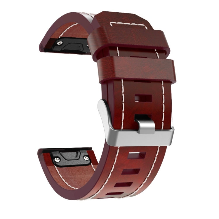 Burgundy leather quick-release strap for Garmin Fenix 5X, white stitching, metal clasp