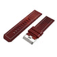 Burgundy leather watch strap with quick-release metal buckle, white edge stitching