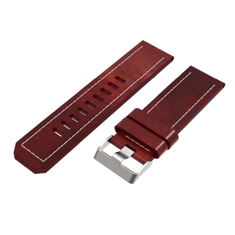 Burgundy leather watch strap with quick-release metal buckle, white edge stitching