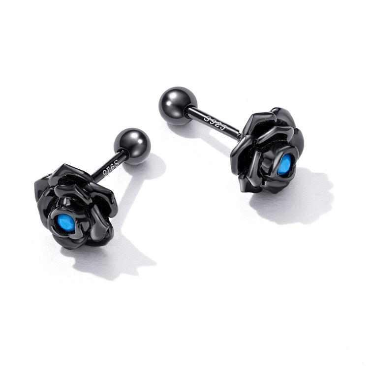 Black rose ear studs with blue center stone, spherical post backs
