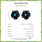 Black rose stud earrings with blue gemstone center shown on an information card