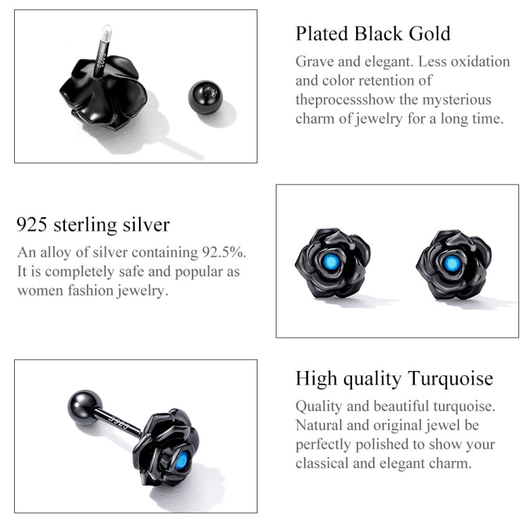 Turquoise-blue gemstone black rose stud earrings in product detail layout