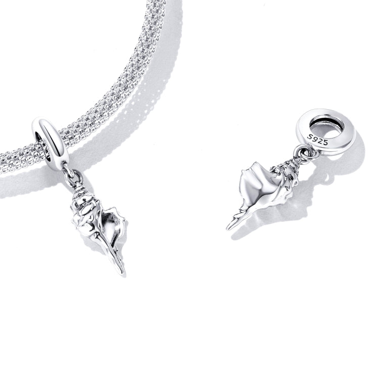 Silver conch pendant charm with 925 ring connector, close-up of shell detail