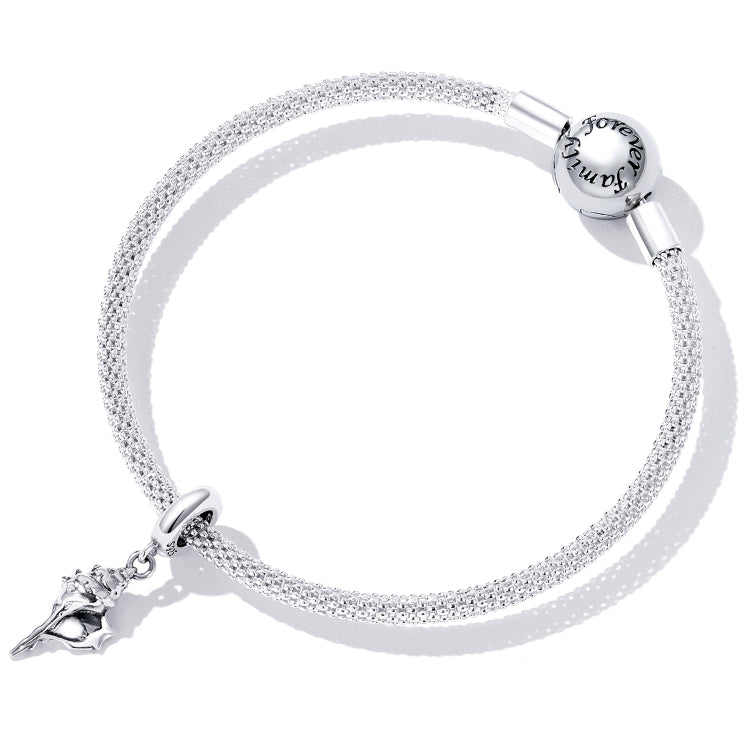 Silver conch charm bracelet with mesh chain and dangling conch pendant