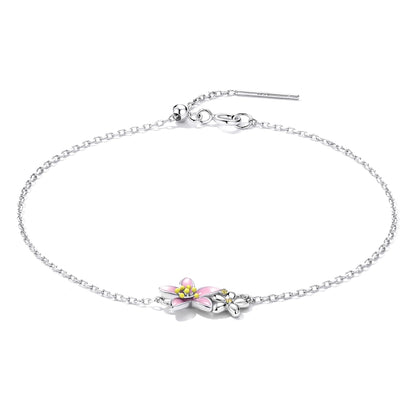 Sterling silver chain bracelet with pink cherry blossom flower charm and small silver leaves
